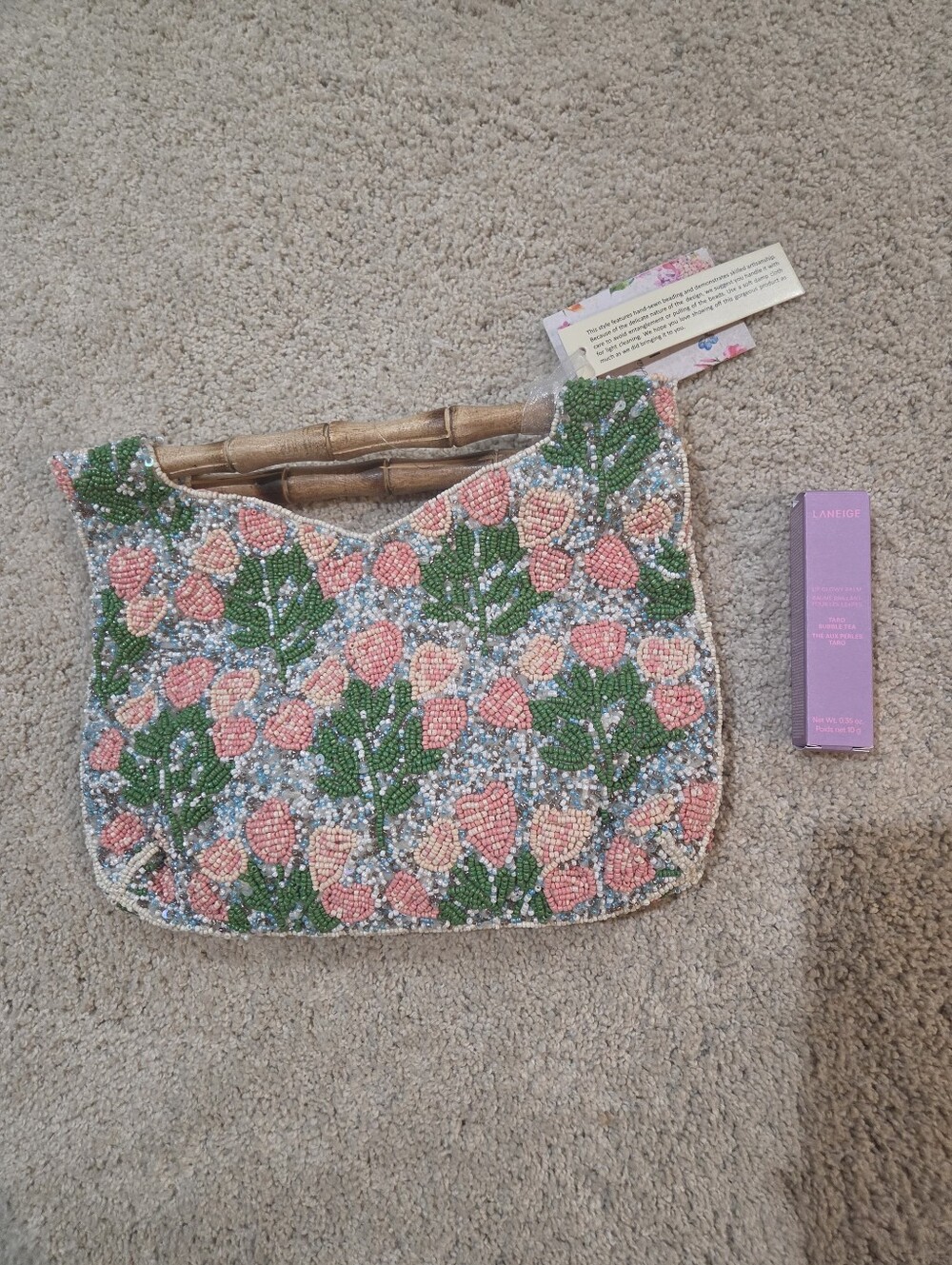 Beaded Floral Clutch Bag in Pink and Green With Laneige Taro Bubble Tea Lip Balm
